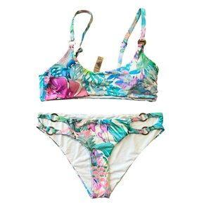 BEBE‎ tropical floral bikini set Large Women’s swimsuit pink blue